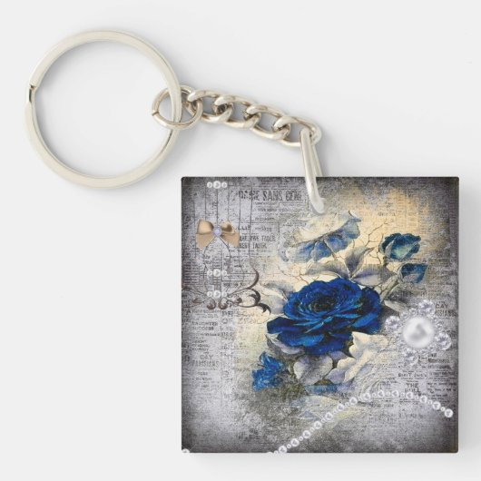Victoriaans donkerblauw Roos Ephemera Sleutelhanger (voorkant)