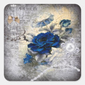 Victoriaans donkerblauw Roos Ephemera Vierkante Sticker (Voorkant)