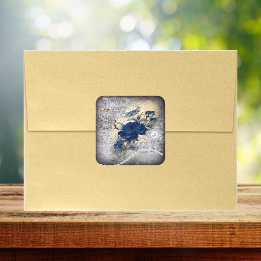 Victoriaans donkerblauw Roos Ephemera Vierkante Sticker