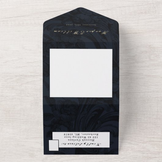 Victoriaans donkerblauwe trouwenvelop all in one uitnodiging (Buitenkant)