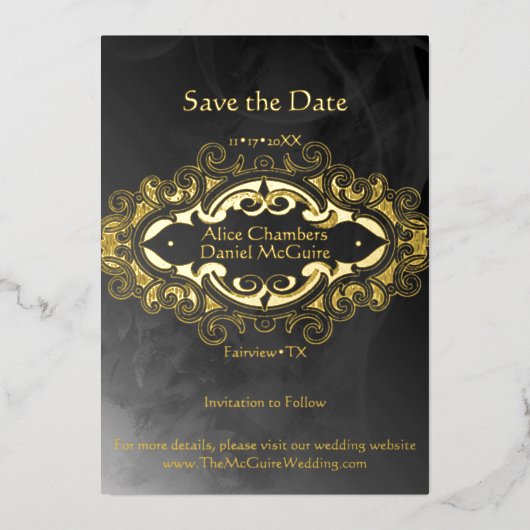 Victoriaans donkergrijs- en goudaccenten sparen de folie uitnodiging (Voorkant)