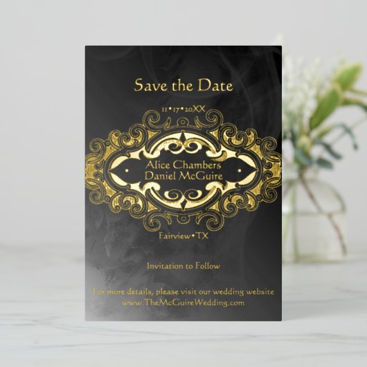 Victoriaans donkergrijs- en goudaccenten sparen de folie uitnodiging (Staand Voorkant)