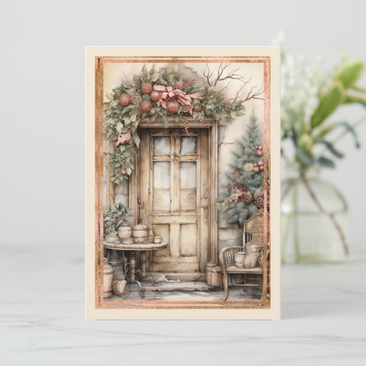 Victoriaans Door Versierd Krans Kerstmis Feestdagenkaart (Staand voorkant)