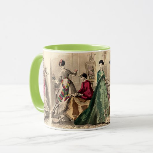 Victoriaans drukker met roze hoes mok (Voorkant links)