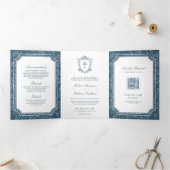 Victoriaans Dusty Blue Catholic QR Code Wedding Drieluik Uitnodiging (Binnen)
