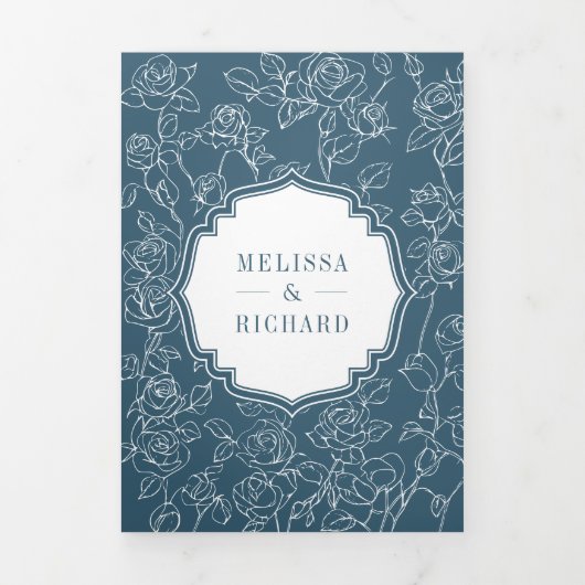 Victoriaans Dusty Blue Catholic QR Code Wedding Drieluik Uitnodiging (Cover)