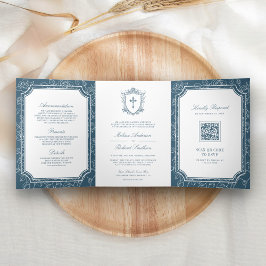 Victoriaans Dusty Blue Catholic QR Code Wedding Drieluik Uitnodiging