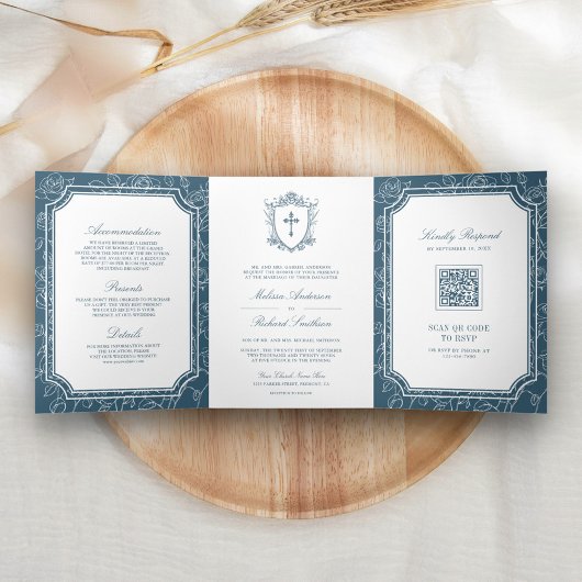 Victoriaans Dusty Blue Catholic QR Code Wedding Drieluik Uitnodiging