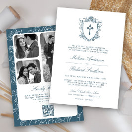 Victoriaans Dusty Blue Catholic QR Code Wedding Kaart