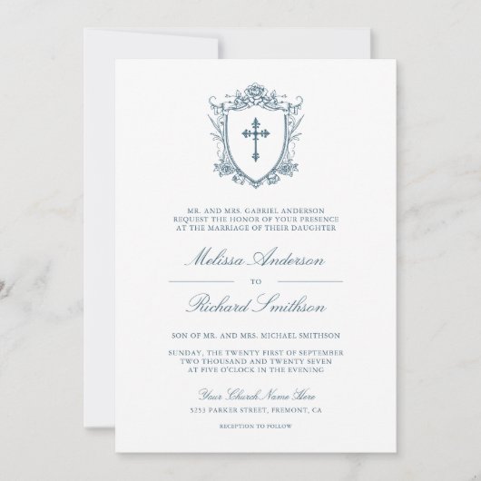 Victoriaans Dusty Blue Catholic QR Code Wedding Kaart (Voorkant)