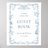 Victoriaans Dusty Blue Floral Guestbook Sign Poster (Voorkant)