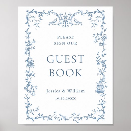 Victoriaans  Dusty Blue Floral Guestbook Sign Poster (Voorkant)