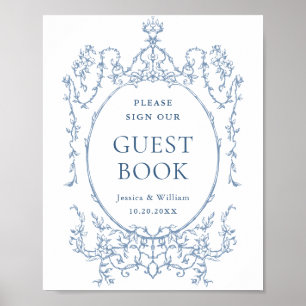 Victoriaans  Dusty Blue Floral Guestbook Sign Poster