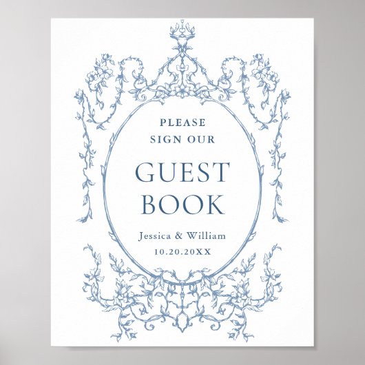 Victoriaans Dusty Blue Floral Guestbook Sign Poster (Voorkant)