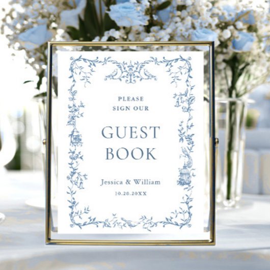Victoriaans Dusty Blue Floral Guestbook Sign Poster