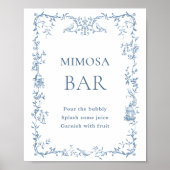 Victoriaans Dusty Blue Floral Mimosa Bar Sign Poster (Voorkant)