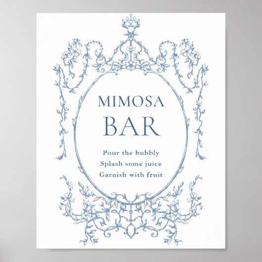 Victoriaans Dusty Blue Floral Mimosa Bar Sign Poster (Voorkant)