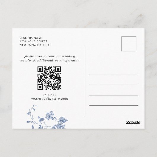 Victoriaans Dusty Blue Floral Wedding Save the Dat Briefkaart (Achterkant)