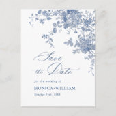 Victoriaans Dusty Blue Floral Wedding Save the Dat Briefkaart (Voorkant)
