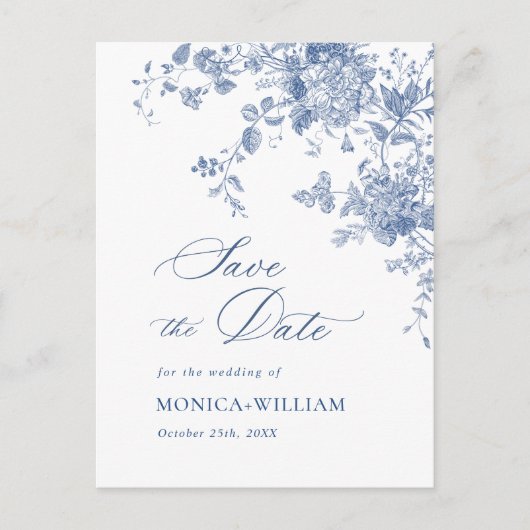 Victoriaans Dusty Blue Floral Wedding Save the Dat Briefkaart (Voorkant)