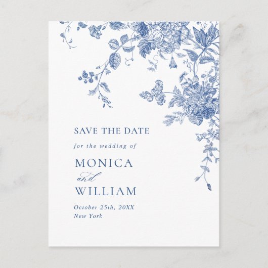 Victoriaans Dusty Blue Floral Wedding Save the Dat Briefkaart (Voorkant)