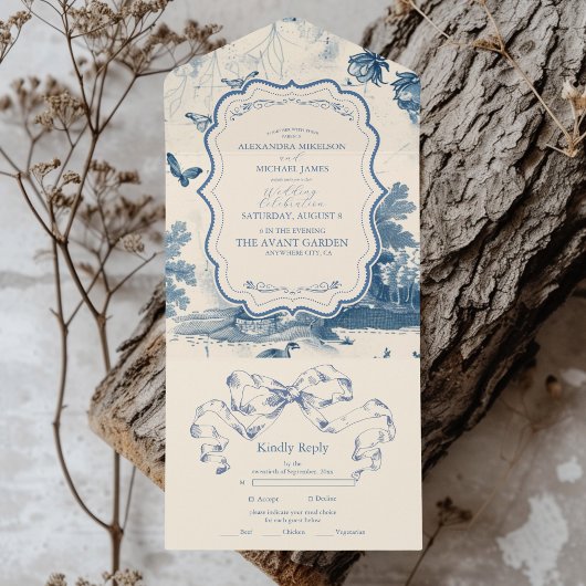 Victoriaans Dusty Blue Franse Toile Wedding All In One Uitnodiging