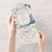 Victoriaans Dusty Blue Franse Toile Wedding All In One Uitnodiging (Afscheurbaar)