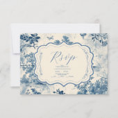 Victoriaans Dusty Blue Franse Toile Wedding RSVP Kaartje (Voorkant)