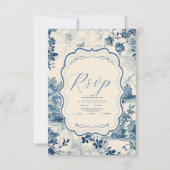 Victoriaans Dusty Blue Franse Toile Wedding RSVP Kaartje (Voorkant)