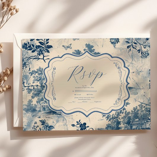 Victoriaans Dusty Blue Franse Toile Wedding RSVP Kaartje