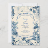 Victoriaans Dusty Blue Franse Toile Wedding Save The Date (Voorkant)