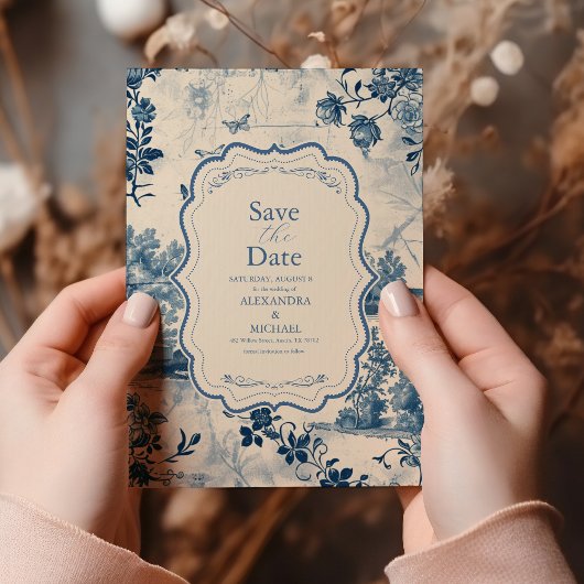 Victoriaans Dusty Blue Franse Toile Wedding Save The Date