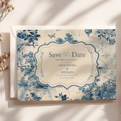Victoriaans Dusty Blue Franse Toile Wedding Save The Date