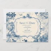 Victoriaans Dusty Blue Franse Toile Wedding Save The Date (Voorkant)