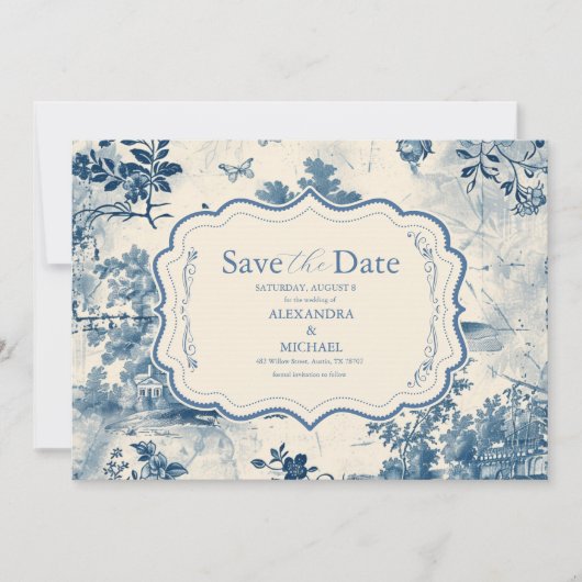 Victoriaans Dusty Blue Franse Toile Wedding Save The Date (Voorkant)