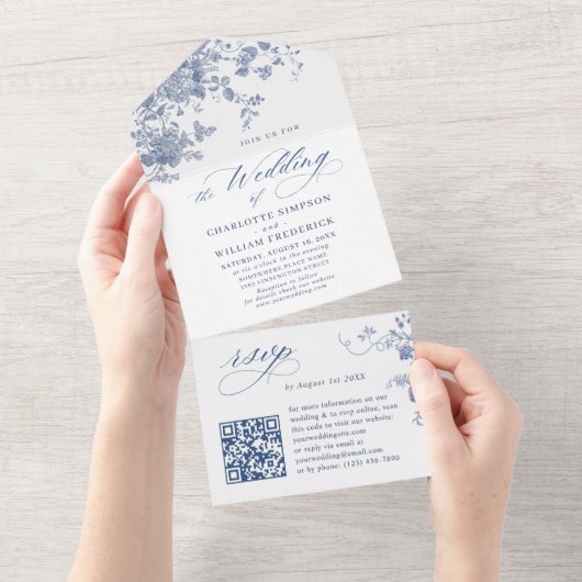 Victoriaans Dusty Blue Franse Tuin Bloemen Huwelij All In One Uitnodiging (Afscheurbaar)
