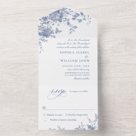 Victoriaans Dusty Blue Franse Tuin Bloemen Huwelij All In One Uitnodiging (Binnen)