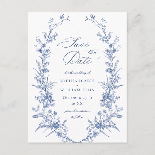 Victoriaans Dusty Blue Franse Tuin Bloemen Huwelij Briefkaart (Voorkant)