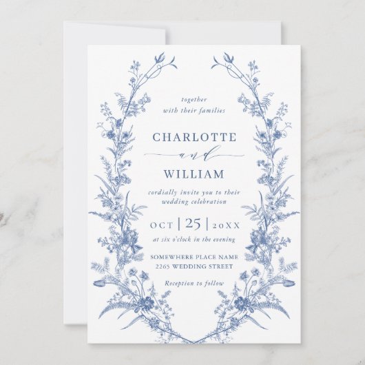 Victoriaans Dusty Blue Franse Tuin Bloemen Huwelij Kaart (Voorkant)