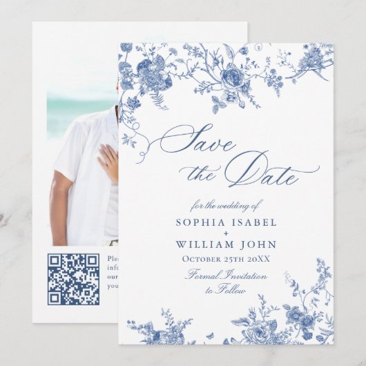 Victoriaans Dusty Blue Franse Tuin Bloemen Huwelij Save The Date (Voorkant / Achterkant)