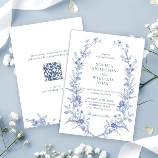 Victoriaans Dusty Blue Franse Tuin Trouwen QR code Kaart