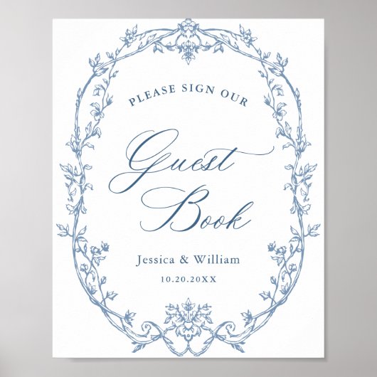Victoriaans  Dusty Blue Guestbook Wedding Sign Poster (Voorkant)