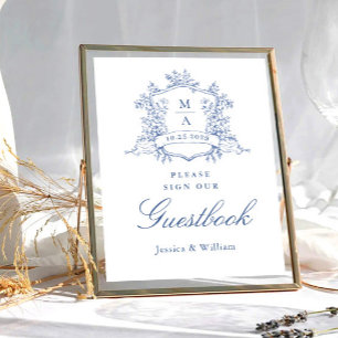 Victoriaans  Dusty Blue Guestbook Wedding Sign Poster