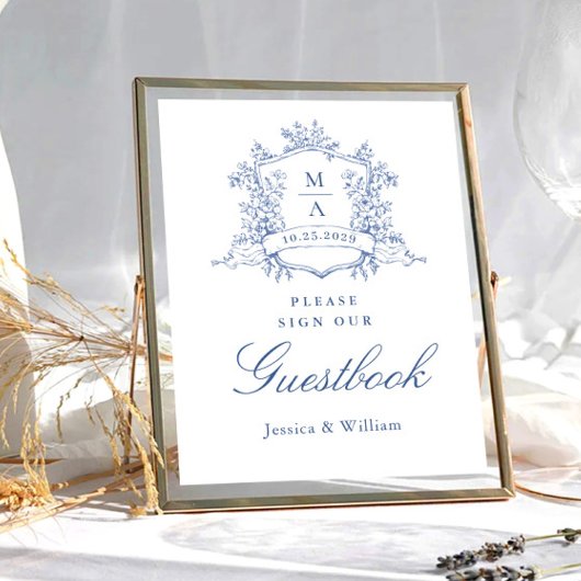 Victoriaans Dusty Blue Guestbook Wedding Sign Poster
