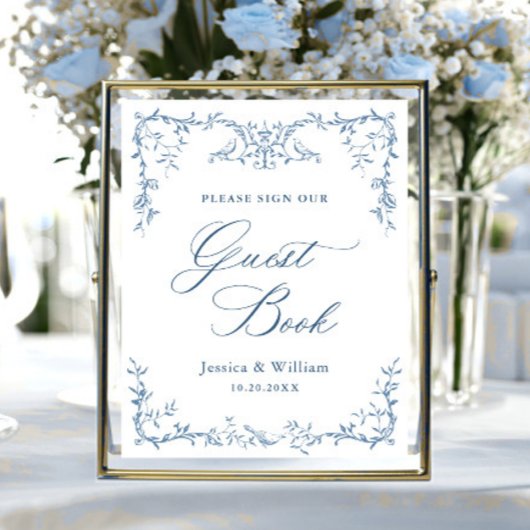 Victoriaans  Dusty Blue Guestbook Wedding Sign Poster
