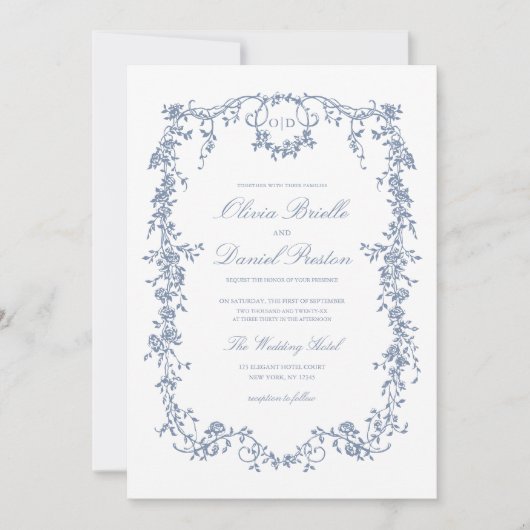 Victoriaans Dusty Blue QR Code Floral Wedding Kaart (Voorkant)
