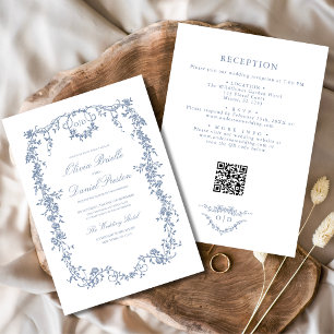 Victoriaans Dusty Blue QR Code Floral Wedding Kaart