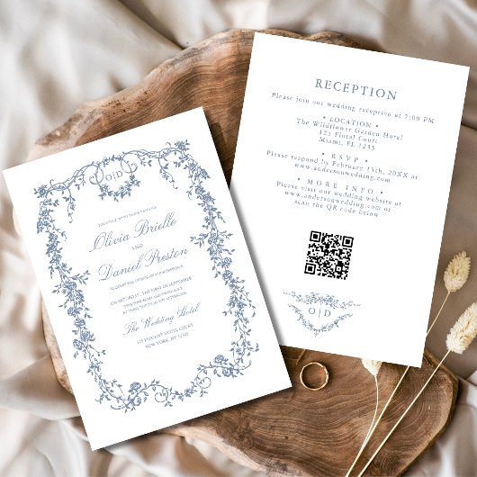 Victoriaans Dusty Blue QR Code Floral Wedding Kaart