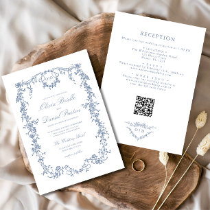 Victoriaans Dusty Blue QR Code Floral Wedding Kaart