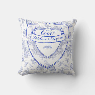  Victoriaans Elegant Crest Blue Toile Wedding Kussen